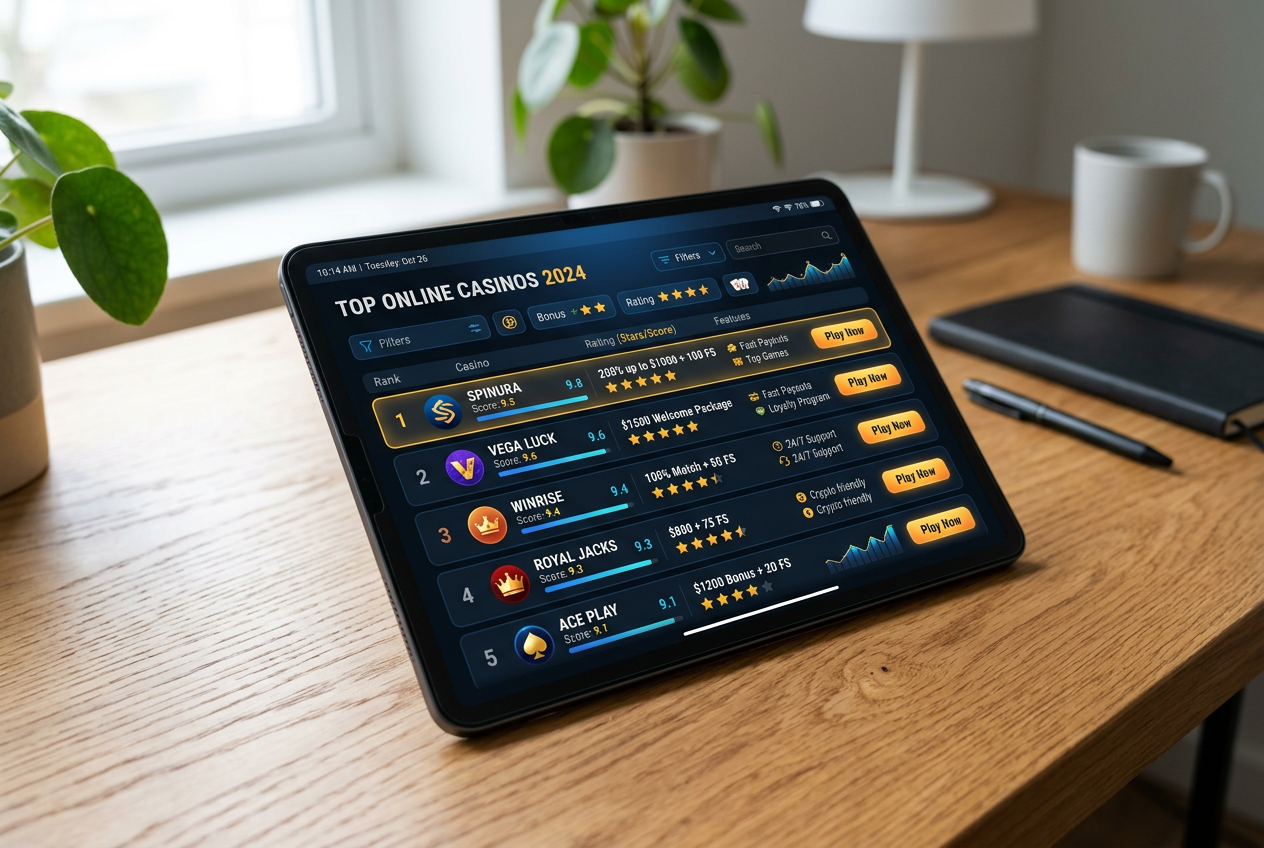 Digital tablet displaying a casino ranking table