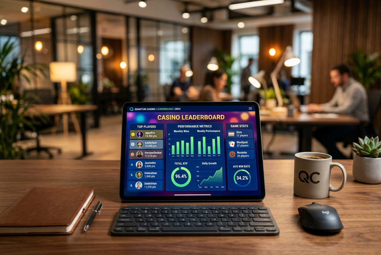 Tablet z rankingiem kasyn online na nowoczesnym biurku.